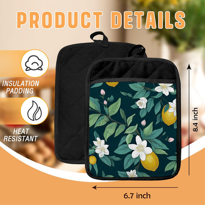Dark Green Lemon Floral Pot Holders with Pockets, Rustic Botanical Lemon Fruit Oven Pot Holders Heat Resistant Oven Mitts Hot Pads for Kitchen Baking Cooking