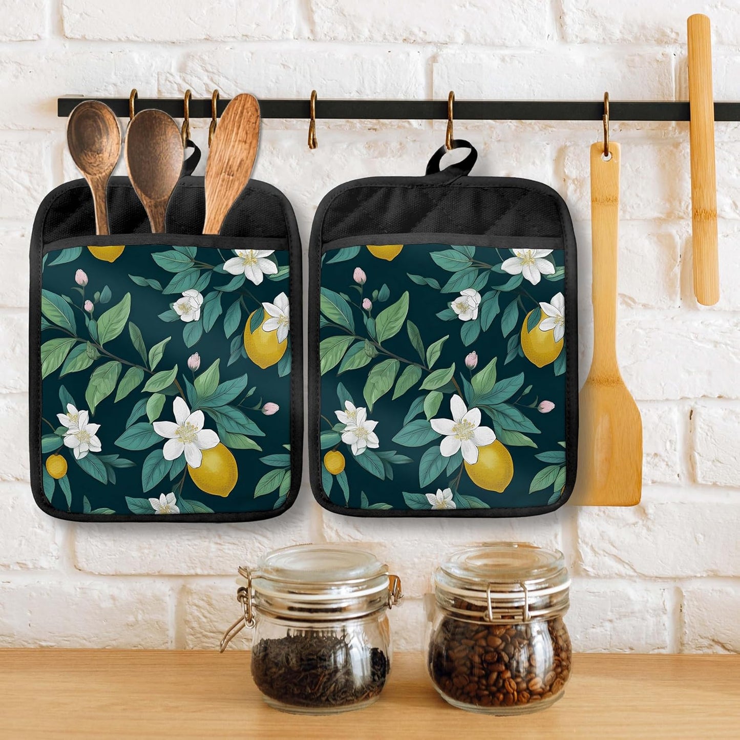 Dark Green Lemon Floral Pot Holders with Pockets, Rustic Botanical Lemon Fruit Oven Pot Holders Heat Resistant Oven Mitts Hot Pads for Kitchen Baking Cooking
