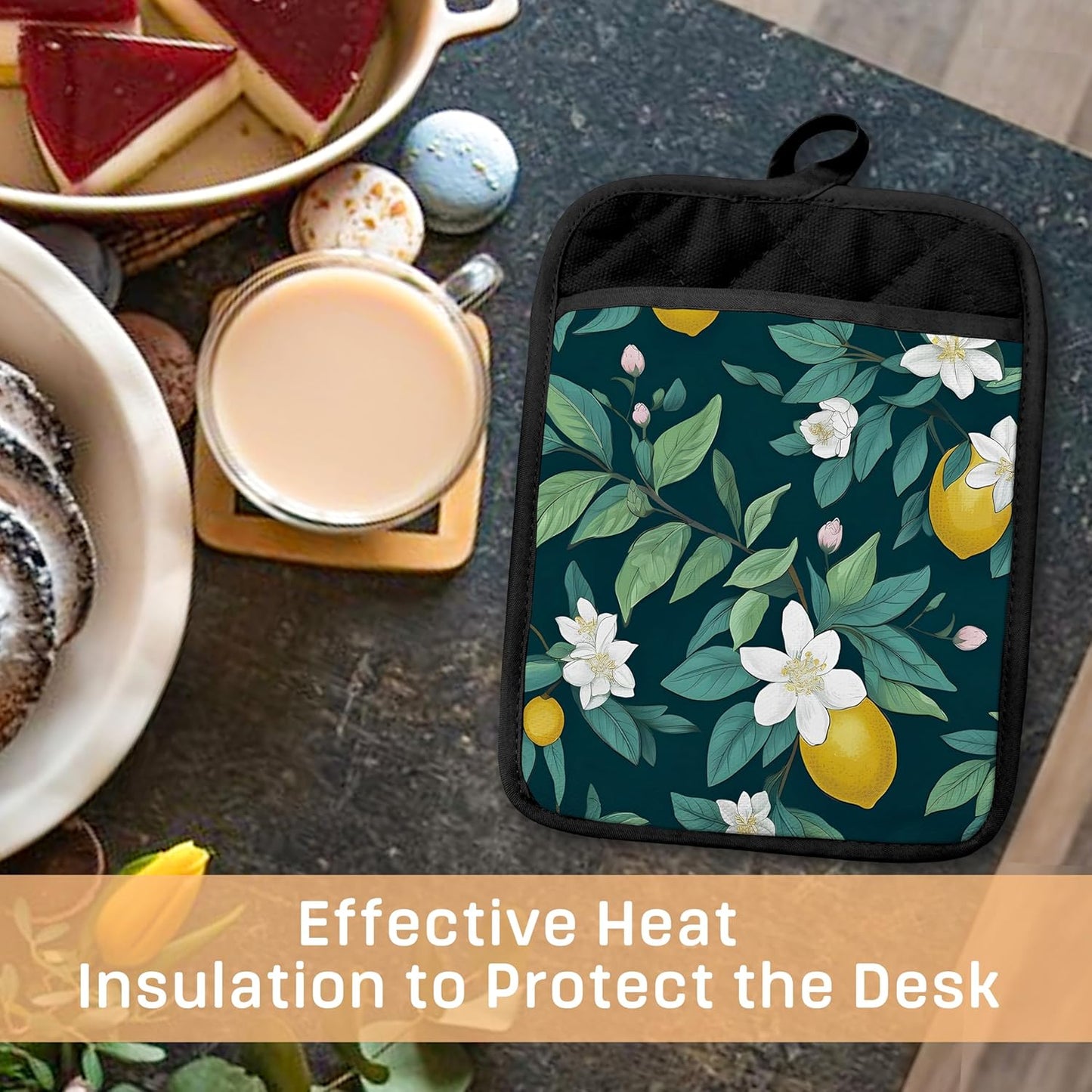 Dark Green Lemon Floral Pot Holders with Pockets, Rustic Botanical Lemon Fruit Oven Pot Holders Heat Resistant Oven Mitts Hot Pads for Kitchen Baking Cooking
