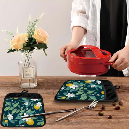 Dark Green Lemon Floral Pot Holders with Pockets, Rustic Botanical Lemon Fruit Oven Pot Holders Heat Resistant Oven Mitts Hot Pads for Kitchen Baking Cooking