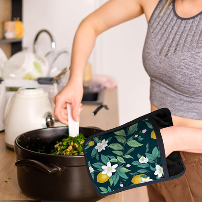 Dark Green Lemon Floral Pot Holders with Pockets, Rustic Botanical Lemon Fruit Oven Pot Holders Heat Resistant Oven Mitts Hot Pads for Kitchen Baking Cooking