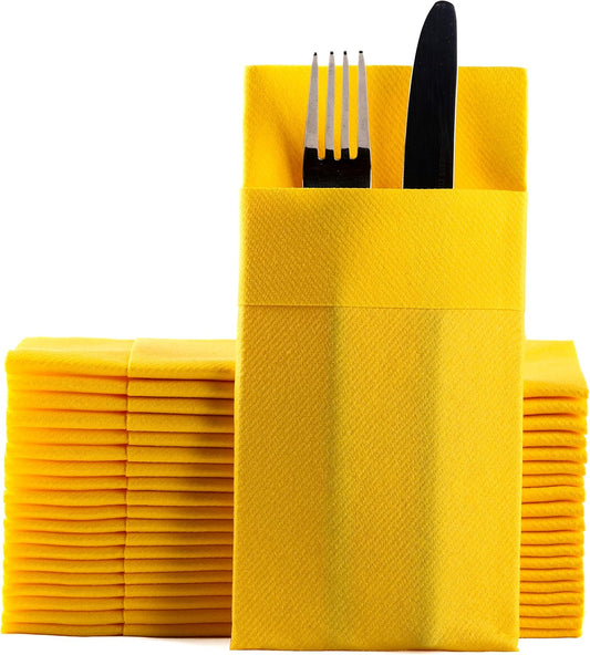 Yellow Dinner Napkins with Silverware Pocket (50 Pack) – LinenFeel Disposable Cloth-Like Paper Napkins for Spring Brunch, Summer Parties & Baby Showers, Pre-Folded 16x16 in