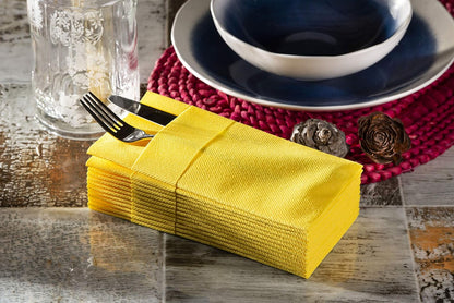 Yellow Dinner Napkins with Silverware Pocket (50 Pack) – LinenFeel Disposable Cloth-Like Paper Napkins for Spring Brunch, Summer Parties & Baby Showers, Pre-Folded 16x16 in