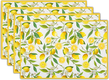Lemon Placemats Set of 4 18x12 Inch Summer Fruit Yellow Linen Place Mats Heat-Resistant Washable Wipeable Flowers Table Mat for Party Kitchen Dining Room Dinner Table Decor