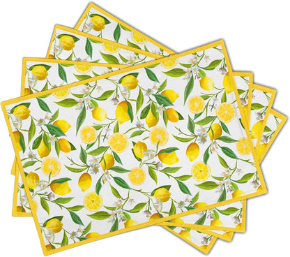 Lemon Placemats Set of 4 18x12 Inch Summer Fruit Yellow Linen Place Mats Heat-Resistant Washable Wipeable Flowers Table Mat for Party Kitchen Dining Room Dinner Table Decor