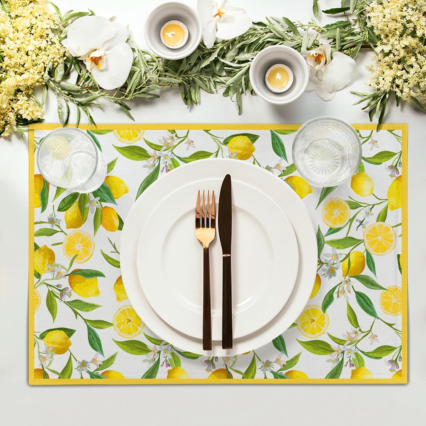 Lemon Placemats Set of 4 18x12 Inch Summer Fruit Yellow Linen Place Mats Heat-Resistant Washable Wipeable Flowers Table Mat for Party Kitchen Dining Room Dinner Table Decor