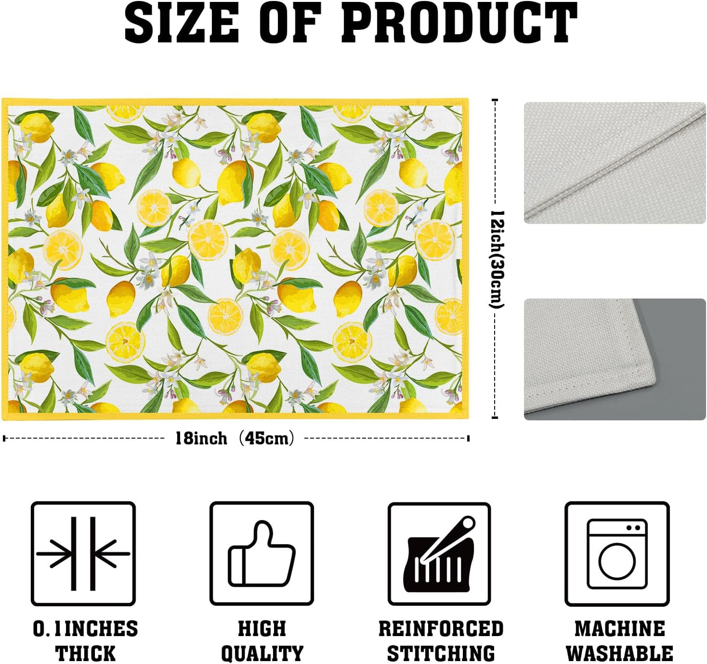 Lemon Placemats Set of 4 18x12 Inch Summer Fruit Yellow Linen Place Mats Heat-Resistant Washable Wipeable Flowers Table Mat for Party Kitchen Dining Room Dinner Table Decor
