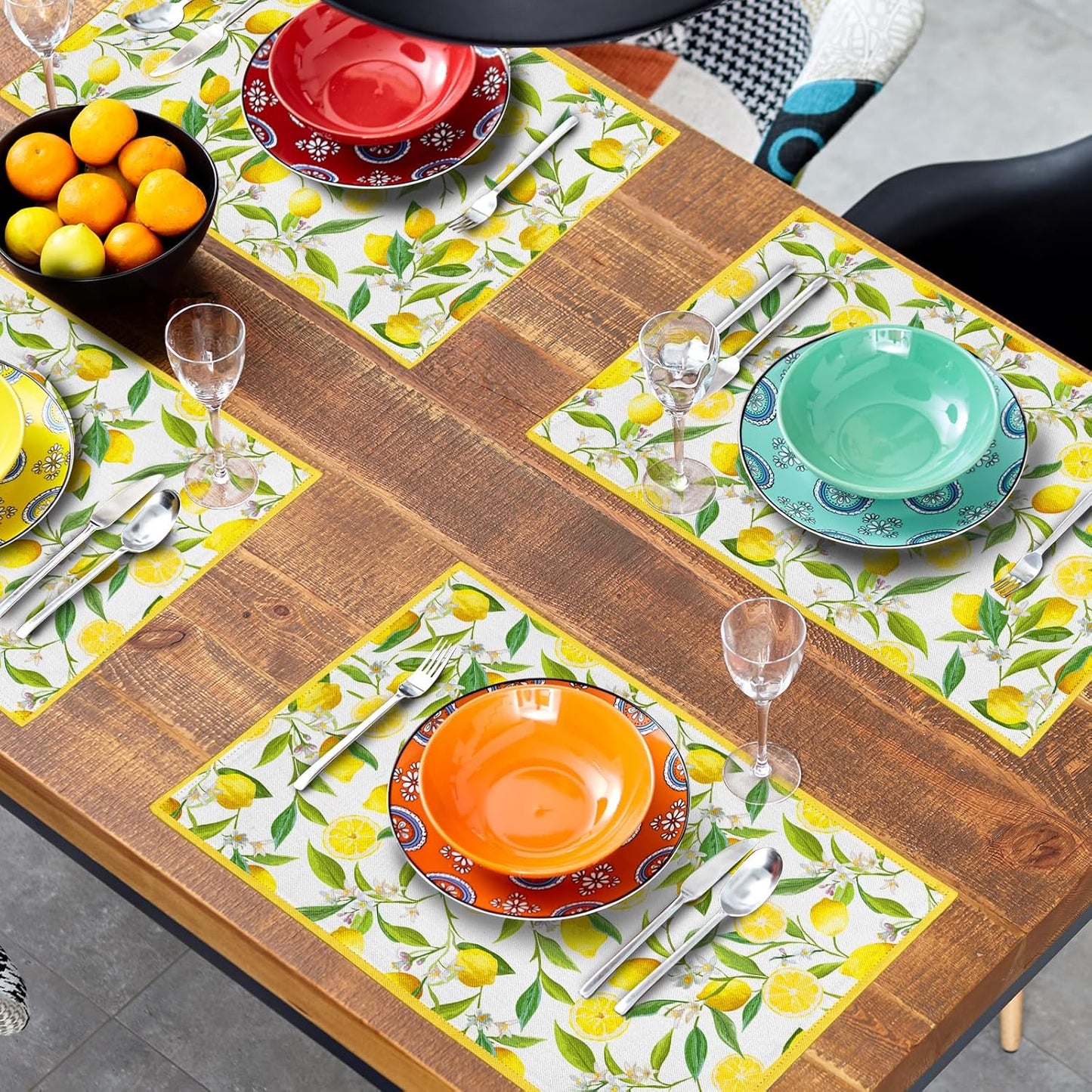 Lemon Placemats Set of 4 18x12 Inch Summer Fruit Yellow Linen Place Mats Heat-Resistant Washable Wipeable Flowers Table Mat for Party Kitchen Dining Room Dinner Table Decor