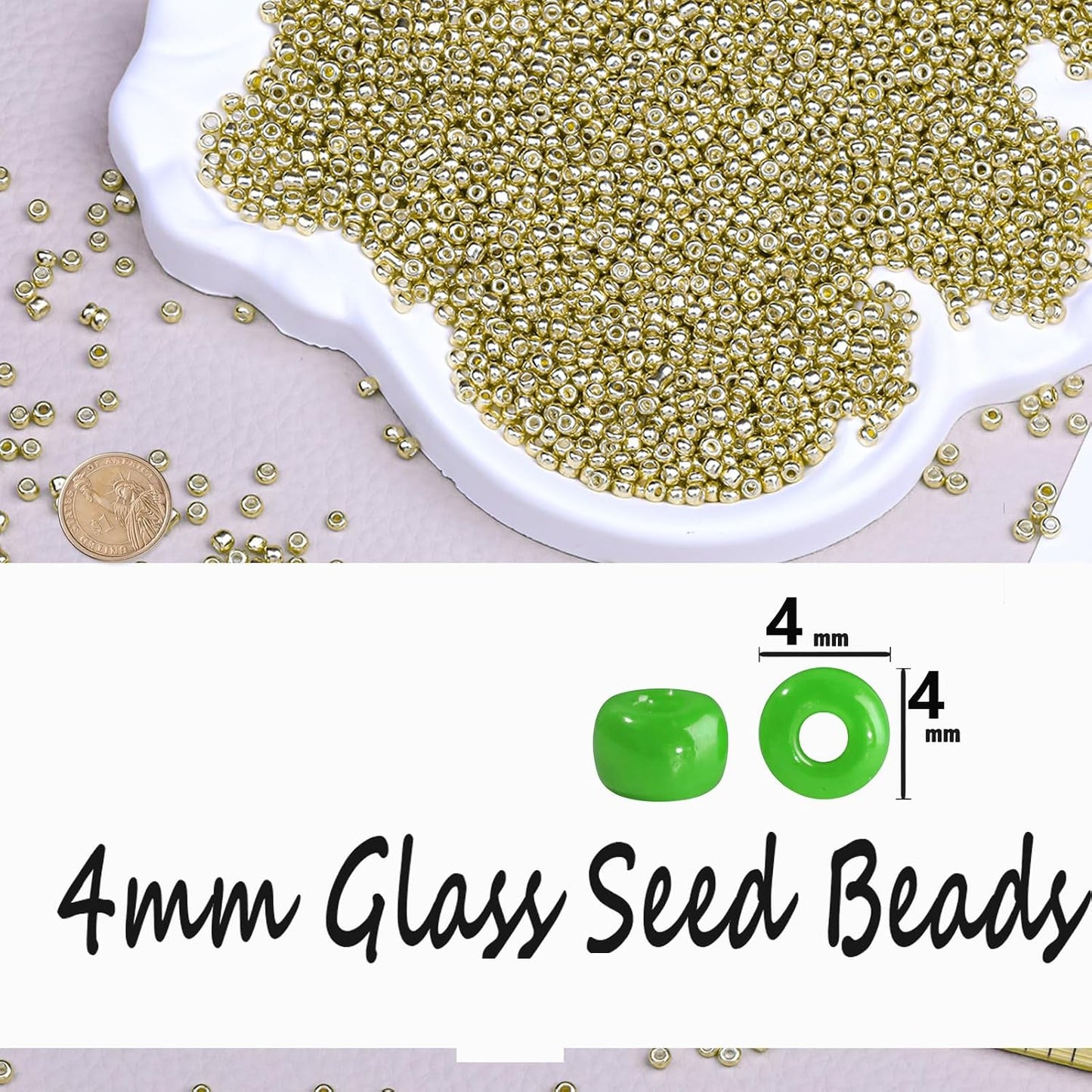 Legefo 4mm Glass Seed Beads Bulk, Yellow 6/0 Small Mini Pony Seed Beads, Tiny Round Craft Bead for Bracelet Necklace Wrist Jewelry Making Beading Weaving DIY Crafts Supplies, 1000pcs