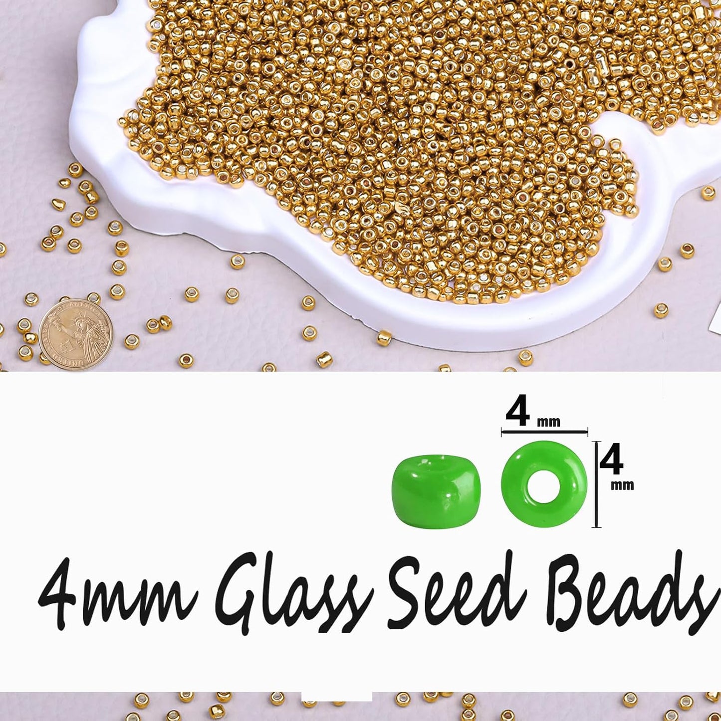Legefo 4mm Glass Seed Beads Bulk, Yellow 6/0 Small Mini Pony Seed Beads, Tiny Round Craft Bead for Bracelet Necklace Wrist Jewelry Making Beading Weaving DIY Crafts Supplies, 1000pcs