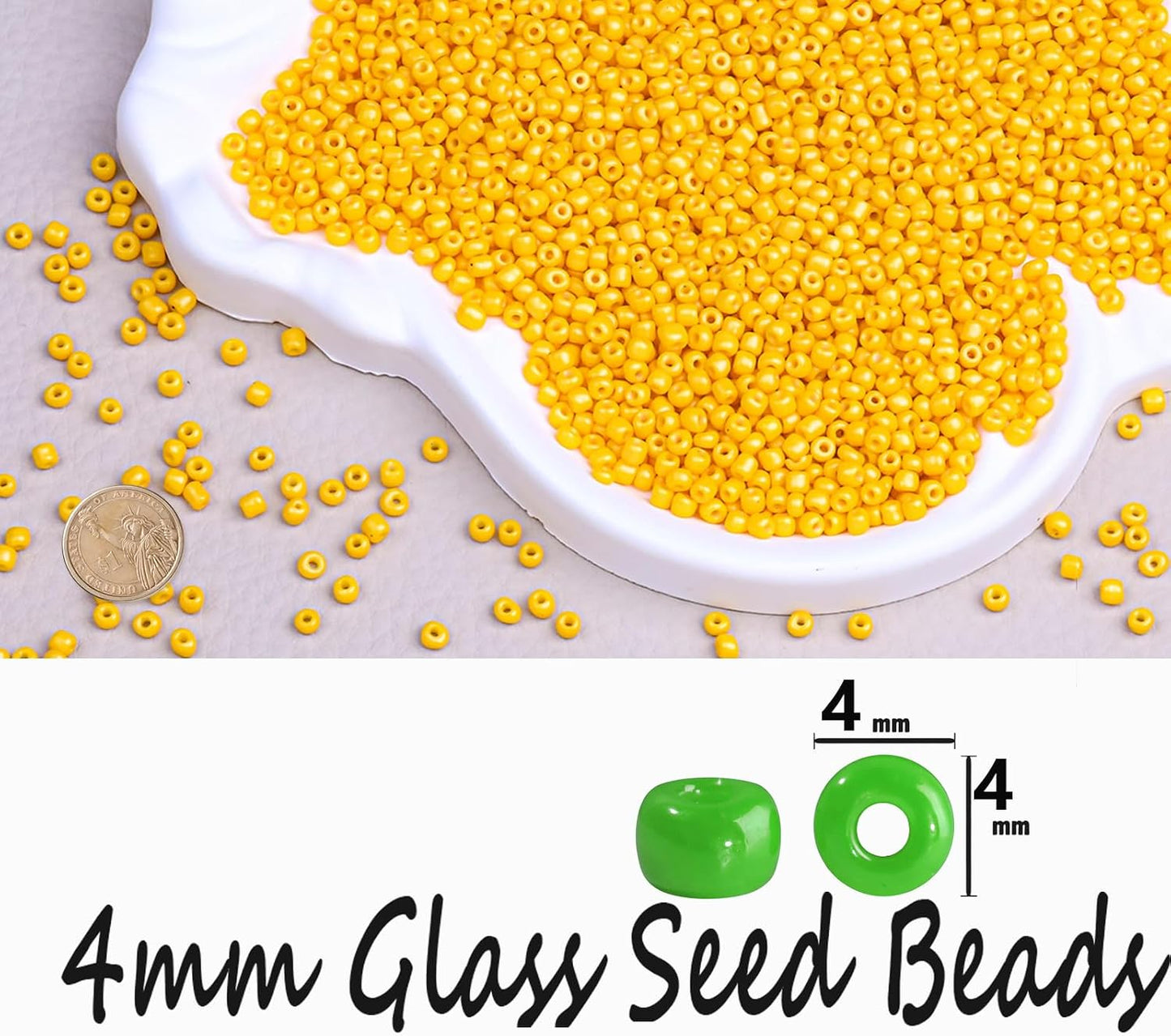 Legefo 4mm Glass Seed Beads Bulk, Yellow 6/0 Small Mini Pony Seed Beads, Tiny Round Craft Bead for Bracelet Necklace Wrist Jewelry Making Beading Weaving DIY Crafts Supplies, 1000pcs
