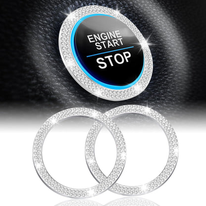 2 PCS Crystal Double Rhinestone Car Engine Start Stop Decoration Ring, Bling Car Interior Accessories for Women, Push to Start Button Cover Sticker, Automotive Decals, White