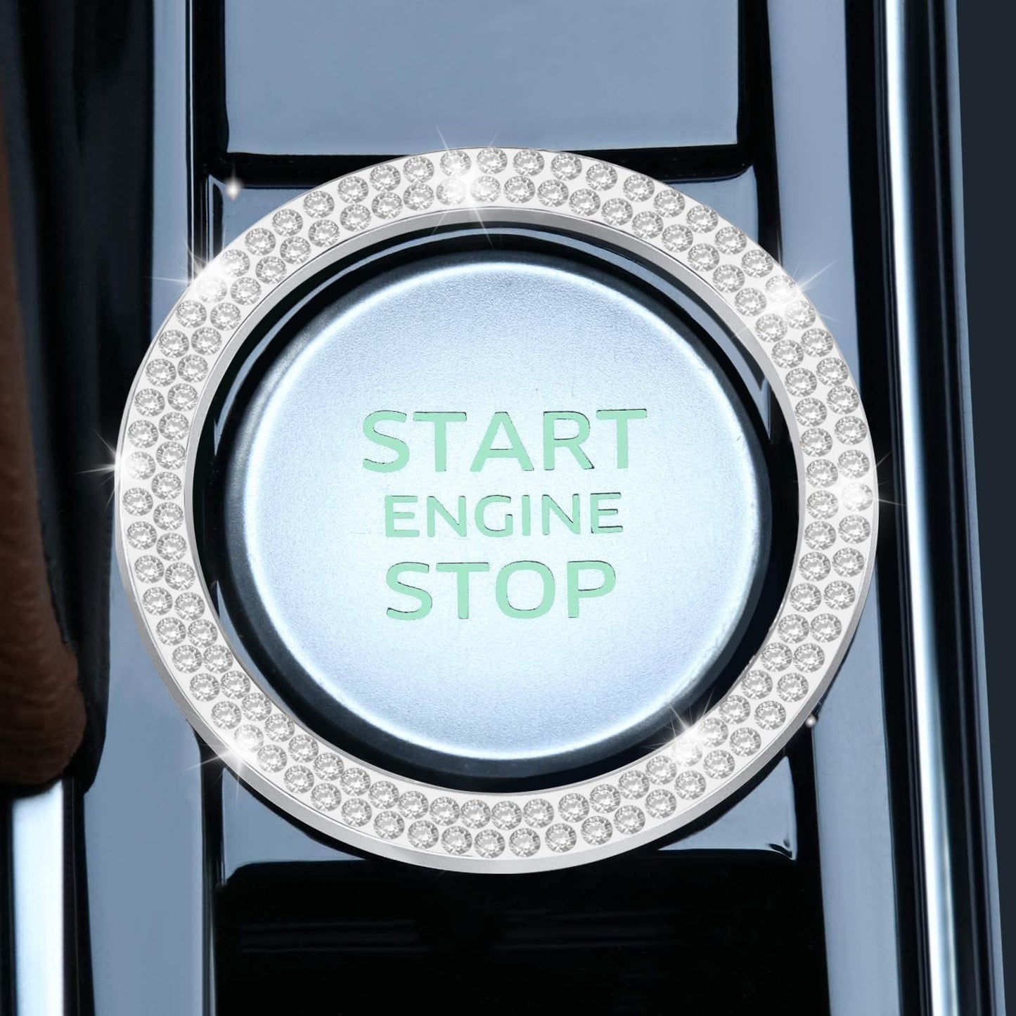 2 PCS Crystal Double Rhinestone Car Engine Start Stop Decoration Ring, Bling Car Interior Accessories for Women, Push to Start Button Cover Sticker, Automotive Decals, White