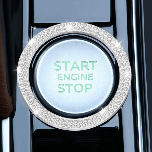 2 PCS Crystal Double Rhinestone Car Engine Start Stop Decoration Ring, Bling Car Interior Accessories for Women, Push to Start Button Cover Sticker, Automotive Decals, White