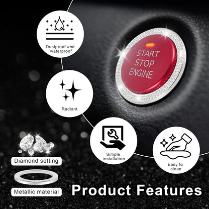 2 PCS Crystal Double Rhinestone Car Engine Start Stop Decoration Ring, Bling Car Interior Accessories for Women, Push to Start Button Cover Sticker, Automotive Decals, White