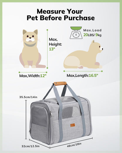 Pet Travel Carrier Bag, Soft-Sided Dog Carrier Cat Carrier Pet Carrier, for Large Cats and Medium Puppies up to 25lbs, w/Locking Safety Zippers, Foldable Bowl (Light Gray)