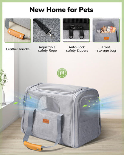 Pet Travel Carrier Bag, Soft-Sided Dog Carrier Cat Carrier Pet Carrier, for Large Cats and Medium Puppies up to 25lbs, w/Locking Safety Zippers, Foldable Bowl (Light Gray)