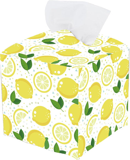 Lemon Tissue Box Cover Square Leather Tissue Box Holder Fruit Lemon Waterproof Facial Paper Organizer Dispenser for Bathroom Bedroom Kitchen Vanity Home Car Office Countertop Night Stands