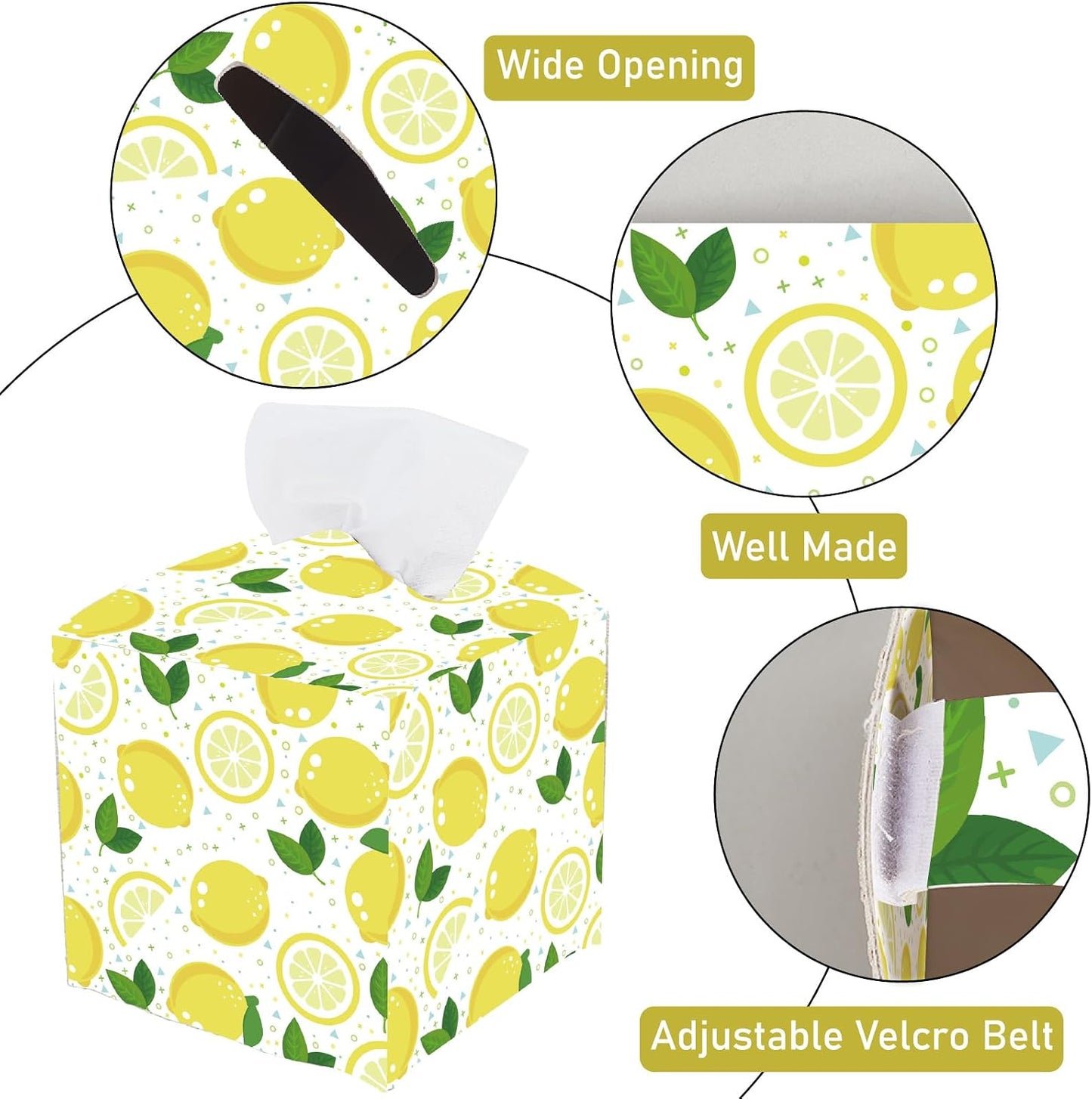 Lemon Tissue Box Cover Square Leather Tissue Box Holder Fruit Lemon Waterproof Facial Paper Organizer Dispenser for Bathroom Bedroom Kitchen Vanity Home Car Office Countertop Night Stands