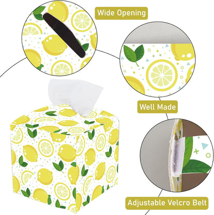 Lemon Tissue Box Cover Square Leather Tissue Box Holder Fruit Lemon Waterproof Facial Paper Organizer Dispenser for Bathroom Bedroom Kitchen Vanity Home Car Office Countertop Night Stands