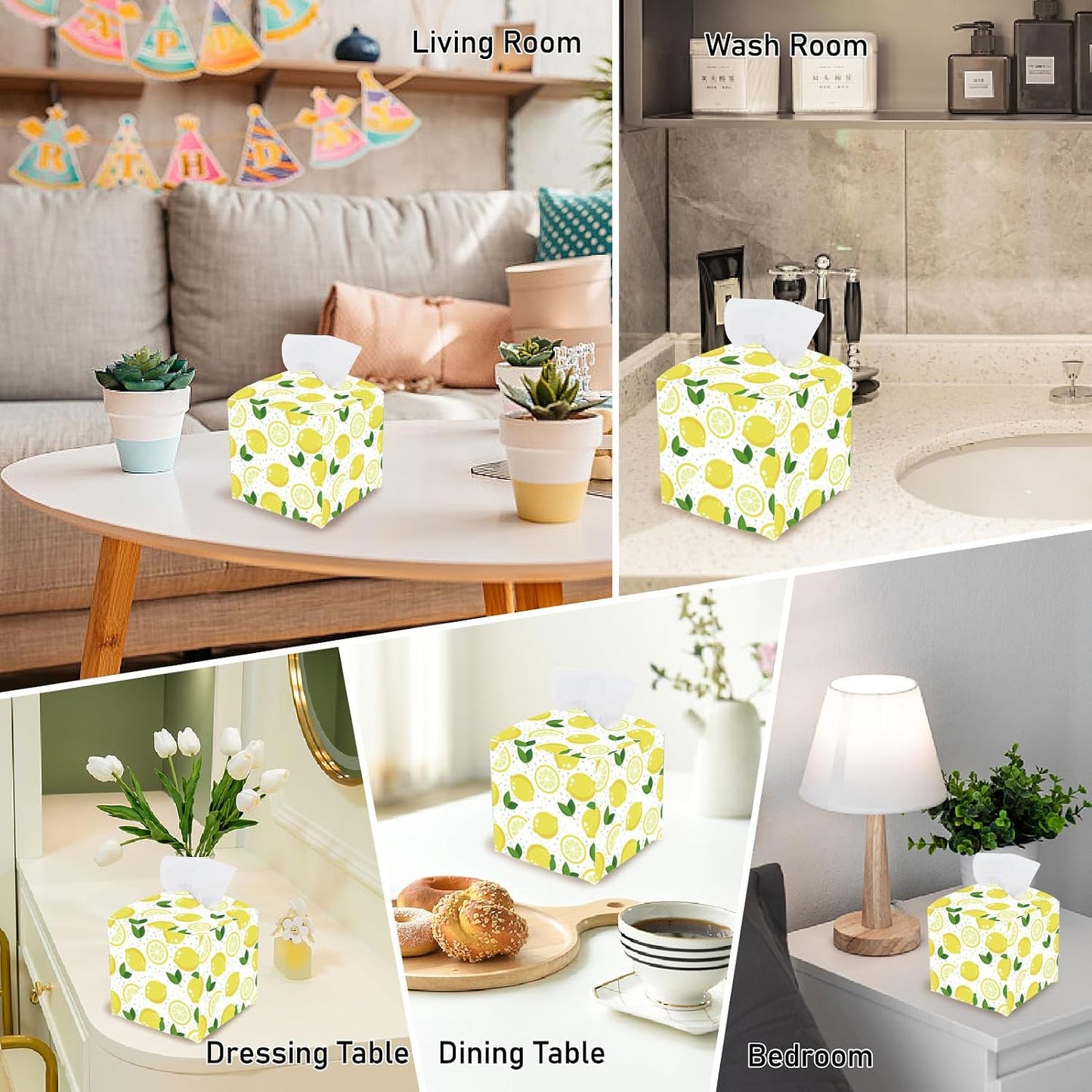 Lemon Tissue Box Cover Square Leather Tissue Box Holder Fruit Lemon Waterproof Facial Paper Organizer Dispenser for Bathroom Bedroom Kitchen Vanity Home Car Office Countertop Night Stands