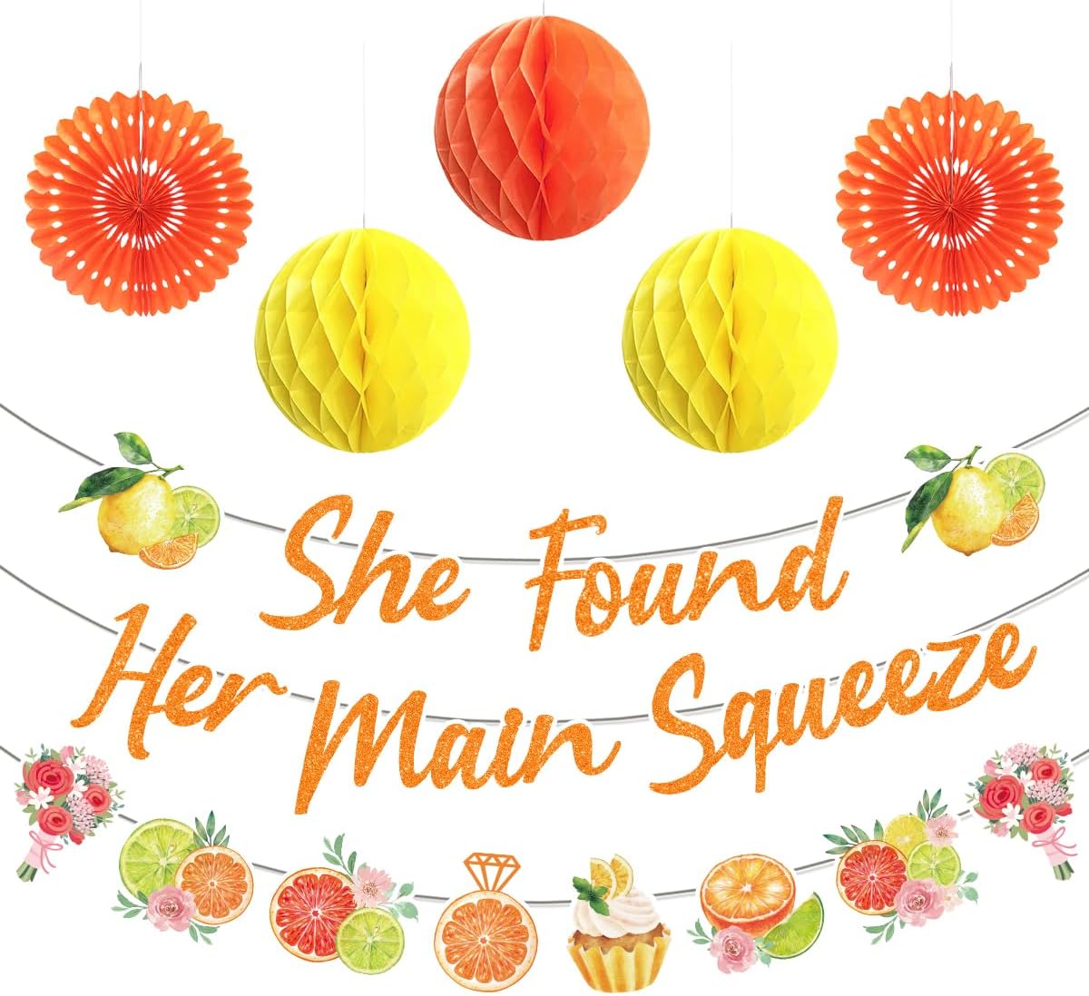 Lemon Bridal Shower Decorations Include Lemon She Found Her Main Squeeze Banners Hanging Paper Fans Honeycomb Flower Balls Lemon Theme Party Supplies for Bridal Shower