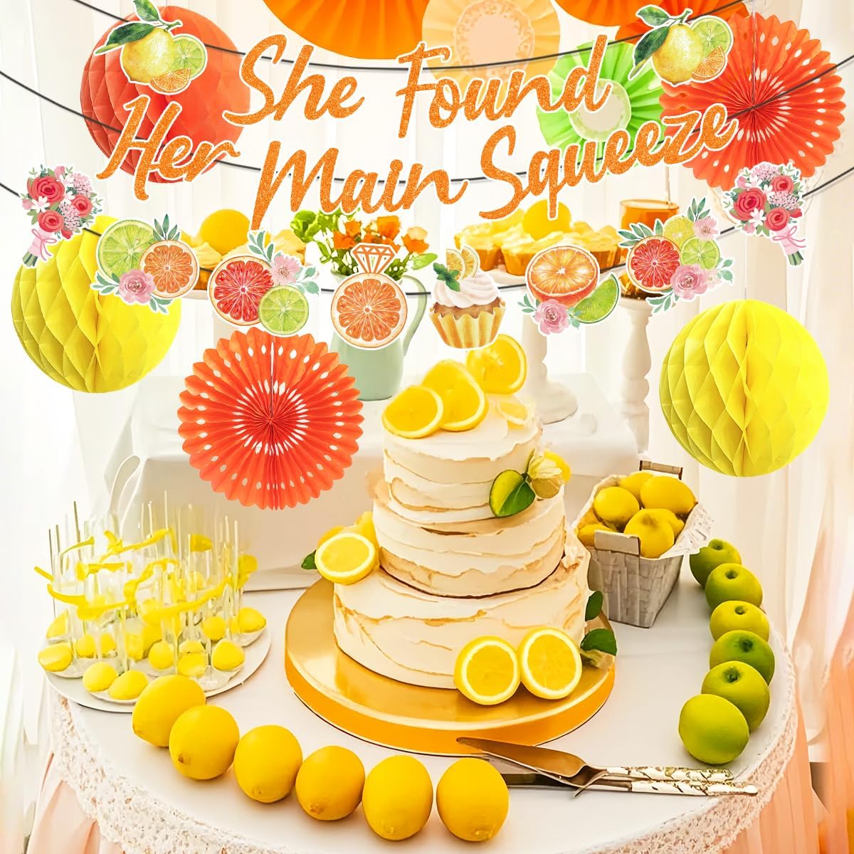 Lemon Bridal Shower Decorations Include Lemon She Found Her Main Squeeze Banners Hanging Paper Fans Honeycomb Flower Balls Lemon Theme Party Supplies for Bridal Shower