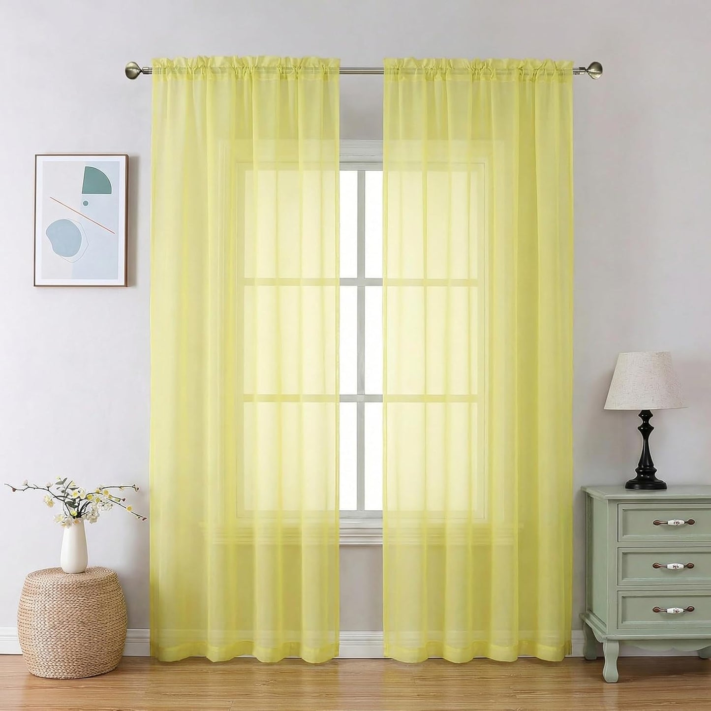 Lemon Sheer Curtains 84 Inches Long 2 Panels Set for Living Room, Light Filtering Window Sheer Drapes for Bedroom, Each 42" W x 84" L