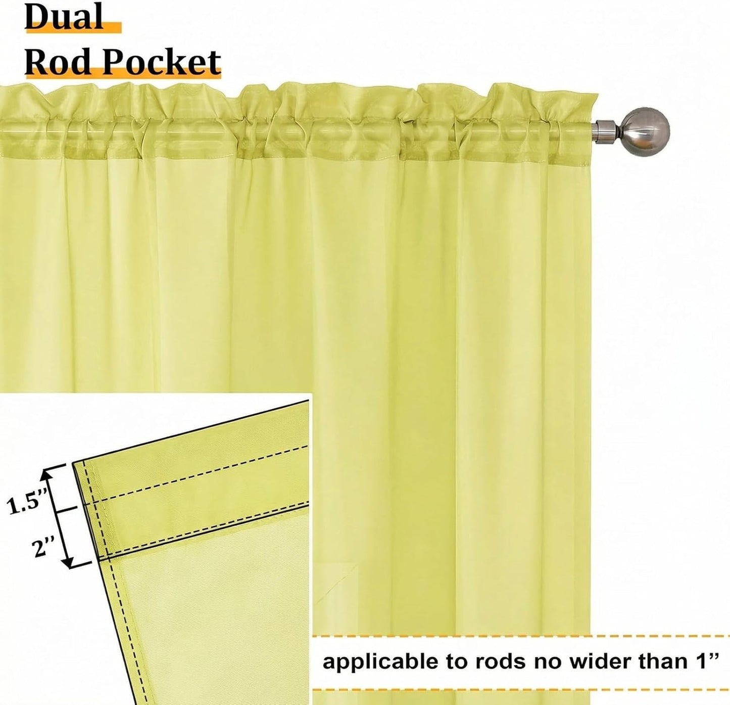 Lemon Sheer Curtains 84 Inches Long 2 Panels Set for Living Room, Light Filtering Window Sheer Drapes for Bedroom, Each 42" W x 84" L