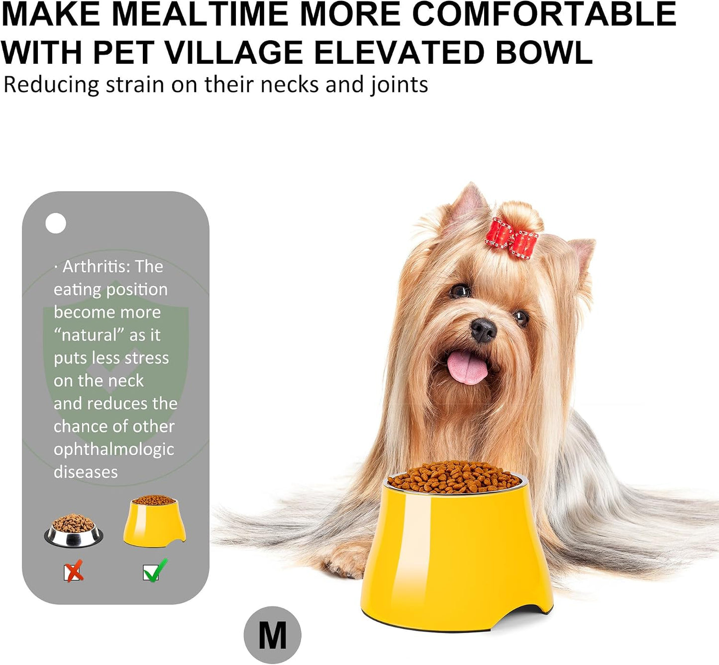 Dog Bowls,Cone Friendly Non-Slip Single Dog Bowl with Stainless Steel Inner, Raised Bowls for Small Dogs Spaniel Dogs Long Ear, High Capacity, M/2 Cup Yellow