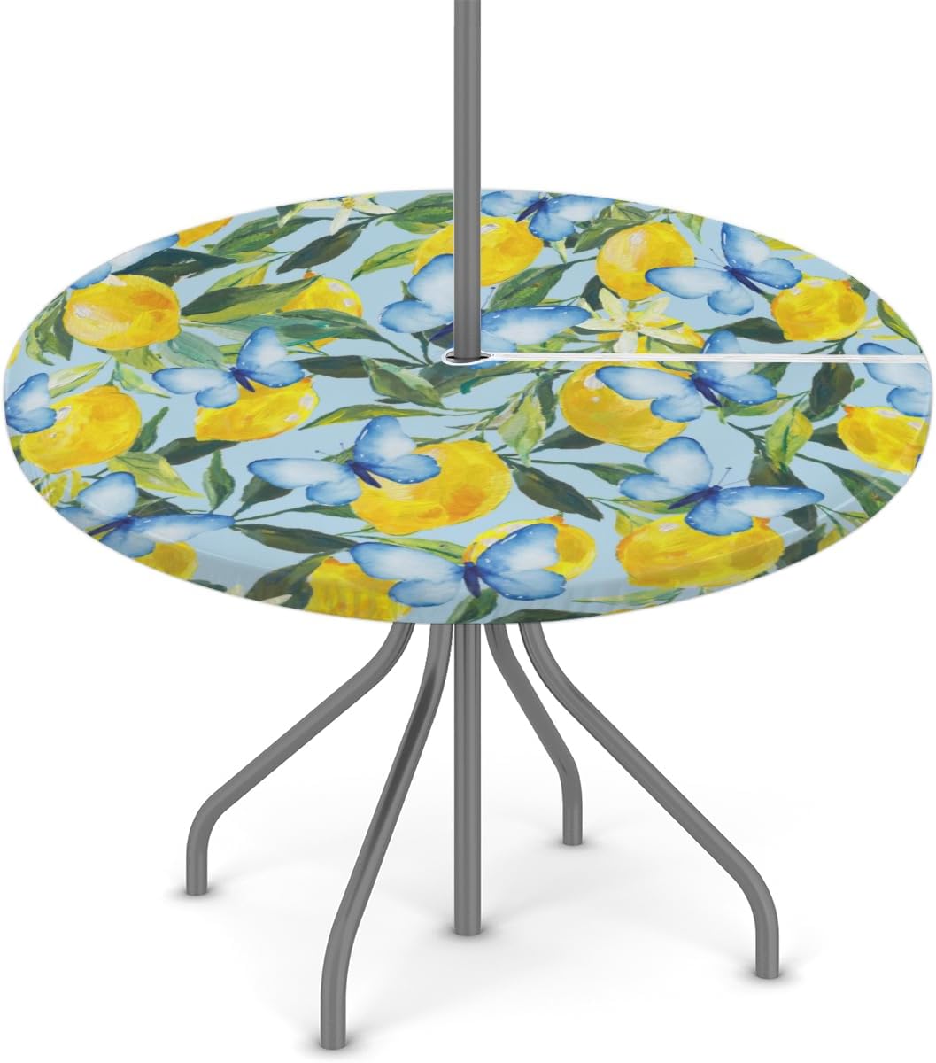 Lemon Waterproof Round Tablecloth, Round Table Cover with Elastic Edge & Umbrella Hole, Summer Garden Dream, Snug Fit for 36-44 Inch Outdoor Tables, Blue Vinyl Table Cover for Patio, Picnic, BBQ