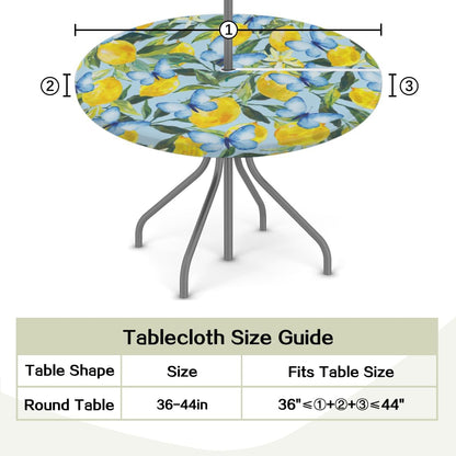 Lemon Waterproof Round Tablecloth, Round Table Cover with Elastic Edge & Umbrella Hole, Summer Garden Dream, Snug Fit for 36-44 Inch Outdoor Tables, Blue Vinyl Table Cover for Patio, Picnic, BBQ