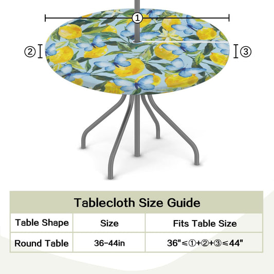 Lemon Waterproof Round Tablecloth, Round Table Cover with Elastic Edge & Umbrella Hole, Summer Garden Dream, Snug Fit for 36-44 Inch Outdoor Tables, Blue Vinyl Table Cover for Patio, Picnic, BBQ