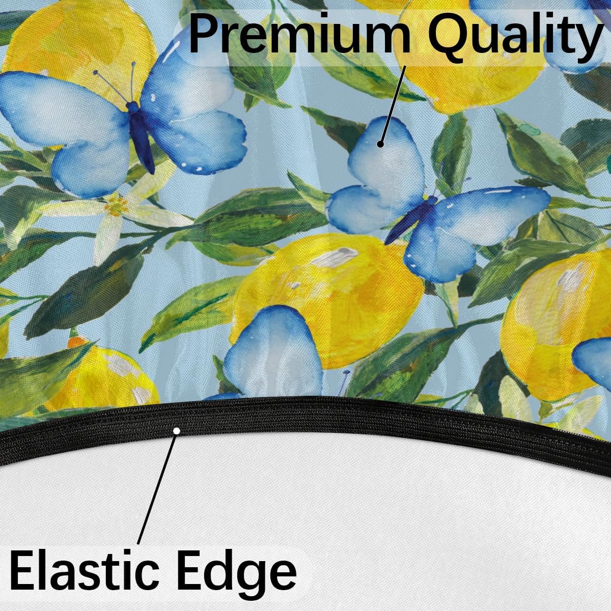 Lemon Waterproof Round Tablecloth, Round Table Cover with Elastic Edge & Umbrella Hole, Summer Garden Dream, Snug Fit for 36-44 Inch Outdoor Tables, Blue Vinyl Table Cover for Patio, Picnic, BBQ