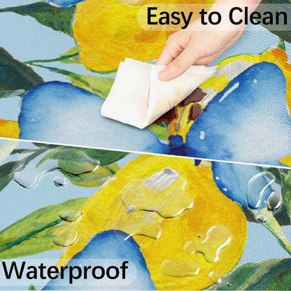 Lemon Waterproof Round Tablecloth, Round Table Cover with Elastic Edge & Umbrella Hole, Summer Garden Dream, Snug Fit for 36-44 Inch Outdoor Tables, Blue Vinyl Table Cover for Patio, Picnic, BBQ