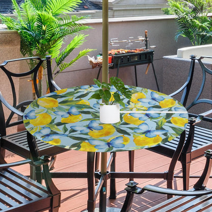 Lemon Waterproof Round Tablecloth, Round Table Cover with Elastic Edge & Umbrella Hole, Summer Garden Dream, Snug Fit for 36-44 Inch Outdoor Tables, Blue Vinyl Table Cover for Patio, Picnic, BBQ