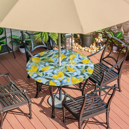 Lemon Waterproof Round Tablecloth, Round Table Cover with Elastic Edge & Umbrella Hole, Summer Garden Dream, Snug Fit for 36-44 Inch Outdoor Tables, Blue Vinyl Table Cover for Patio, Picnic, BBQ