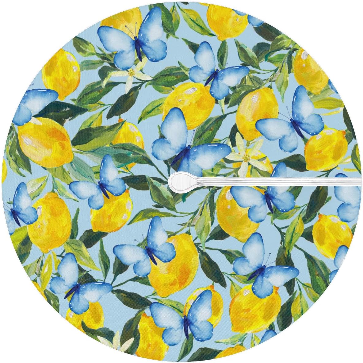 Lemon Waterproof Round Tablecloth, Round Table Cover with Elastic Edge & Umbrella Hole, Summer Garden Dream, Snug Fit for 36-44 Inch Outdoor Tables, Blue Vinyl Table Cover for Patio, Picnic, BBQ