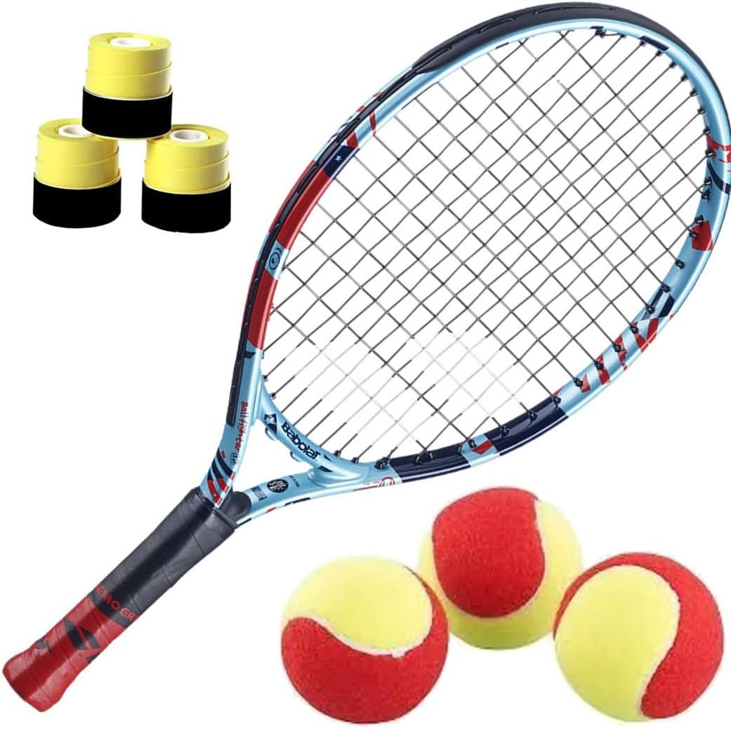 Ballfighter Tennis Racquet Bundled with 3 Overgrips and 3 Teaching Tennis Balls - Best Beginner Tennis Set for Kids 3 Years Old