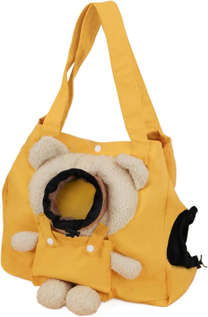 Portable Pet Travel Bag, Crossbody Canvas Tote with Cute Bear Design and Dual Peek-a-Boo Holes, Single-Shoulder Carry, Suitable for Small Dogs (Yellow Little Bear,up to 16.5 pounds)