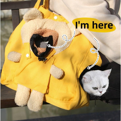 Portable Pet Travel Bag, Crossbody Canvas Tote with Cute Bear Design and Dual Peek-a-Boo Holes, Single-Shoulder Carry, Suitable for Small Dogs (Yellow Little Bear,up to 16.5 pounds)