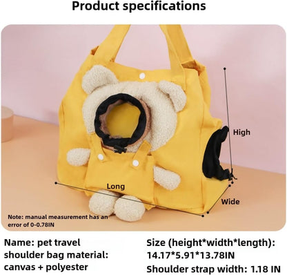 Portable Pet Travel Bag, Crossbody Canvas Tote with Cute Bear Design and Dual Peek-a-Boo Holes, Single-Shoulder Carry, Suitable for Small Dogs (Yellow Little Bear,up to 16.5 pounds)