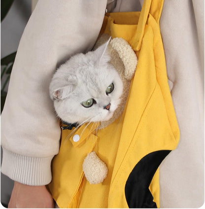 Portable Pet Travel Bag, Crossbody Canvas Tote with Cute Bear Design and Dual Peek-a-Boo Holes, Single-Shoulder Carry, Suitable for Small Dogs (Yellow Little Bear,up to 16.5 pounds)
