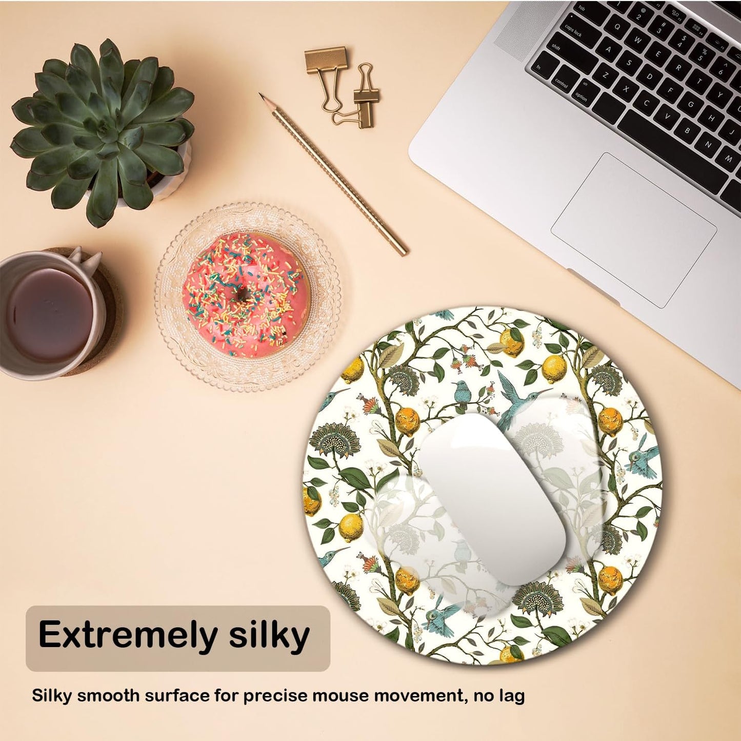 Botanical Lemon Tree Round Mouse Pad, Chinoiserie Bird Mouse Pads Desk Accessories for Computers Laptop Desk Home Office Dorm, Bird Lovers Gift for Women, 8.7x8.7 inches