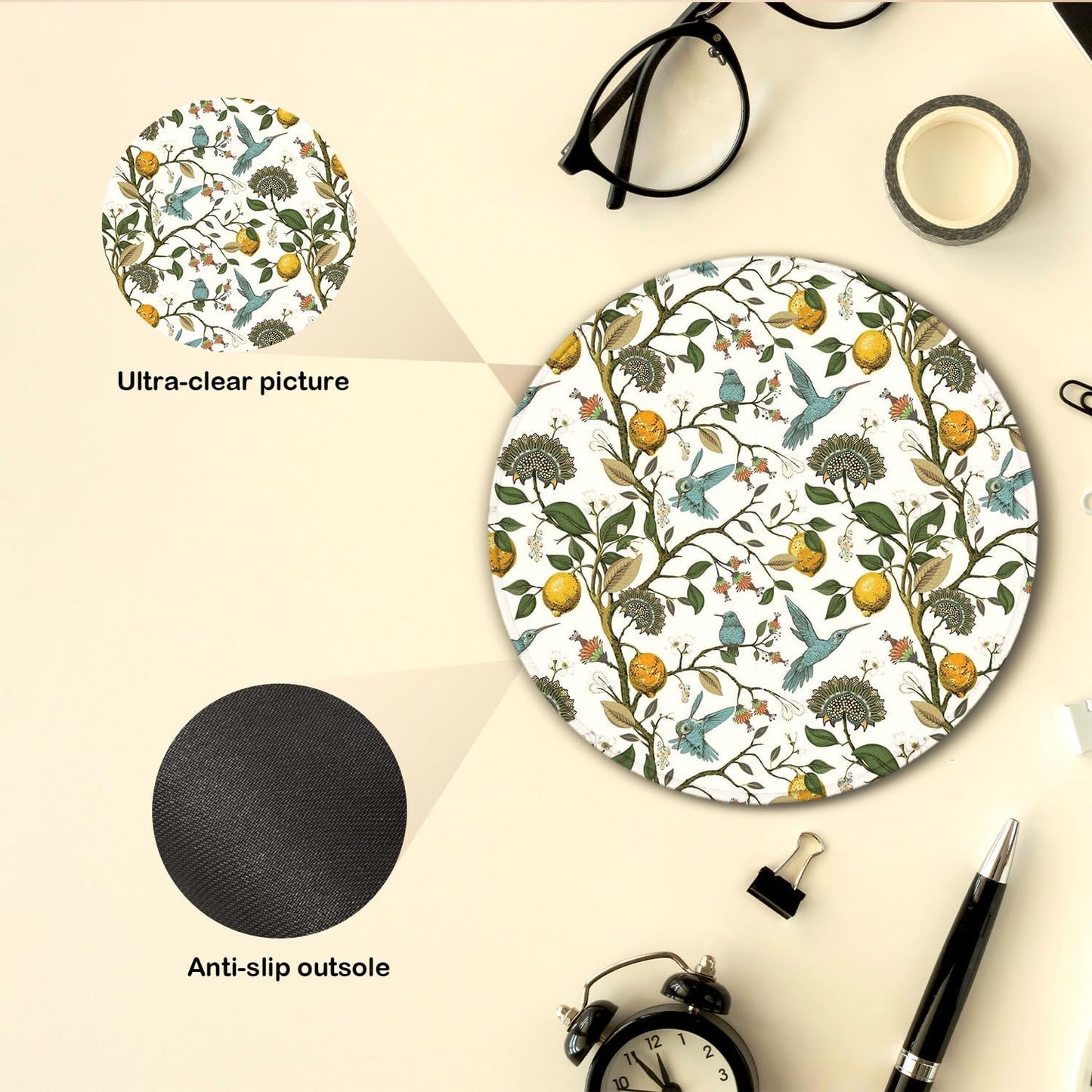 Botanical Lemon Tree Round Mouse Pad, Chinoiserie Bird Mouse Pads Desk Accessories for Computers Laptop Desk Home Office Dorm, Bird Lovers Gift for Women, 8.7x8.7 inches