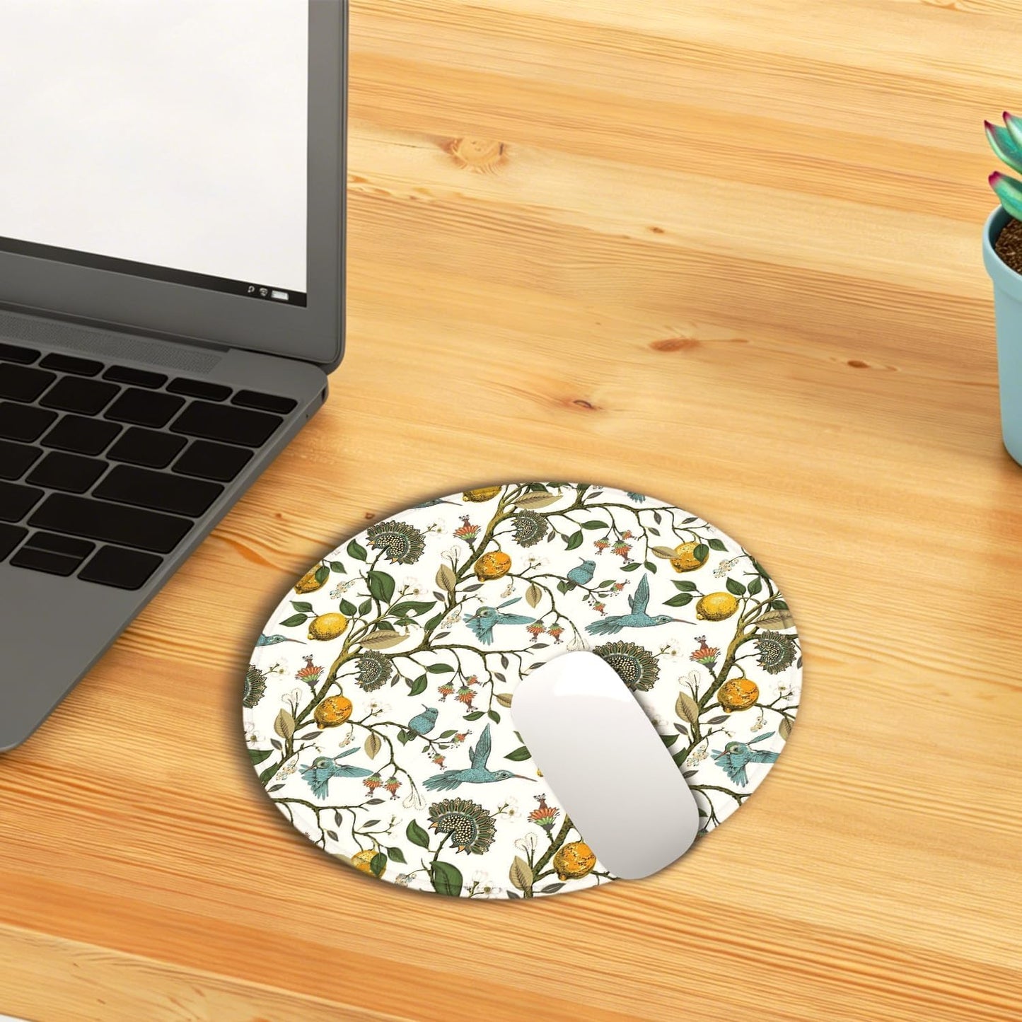 Botanical Lemon Tree Round Mouse Pad, Chinoiserie Bird Mouse Pads Desk Accessories for Computers Laptop Desk Home Office Dorm, Bird Lovers Gift for Women, 8.7x8.7 inches