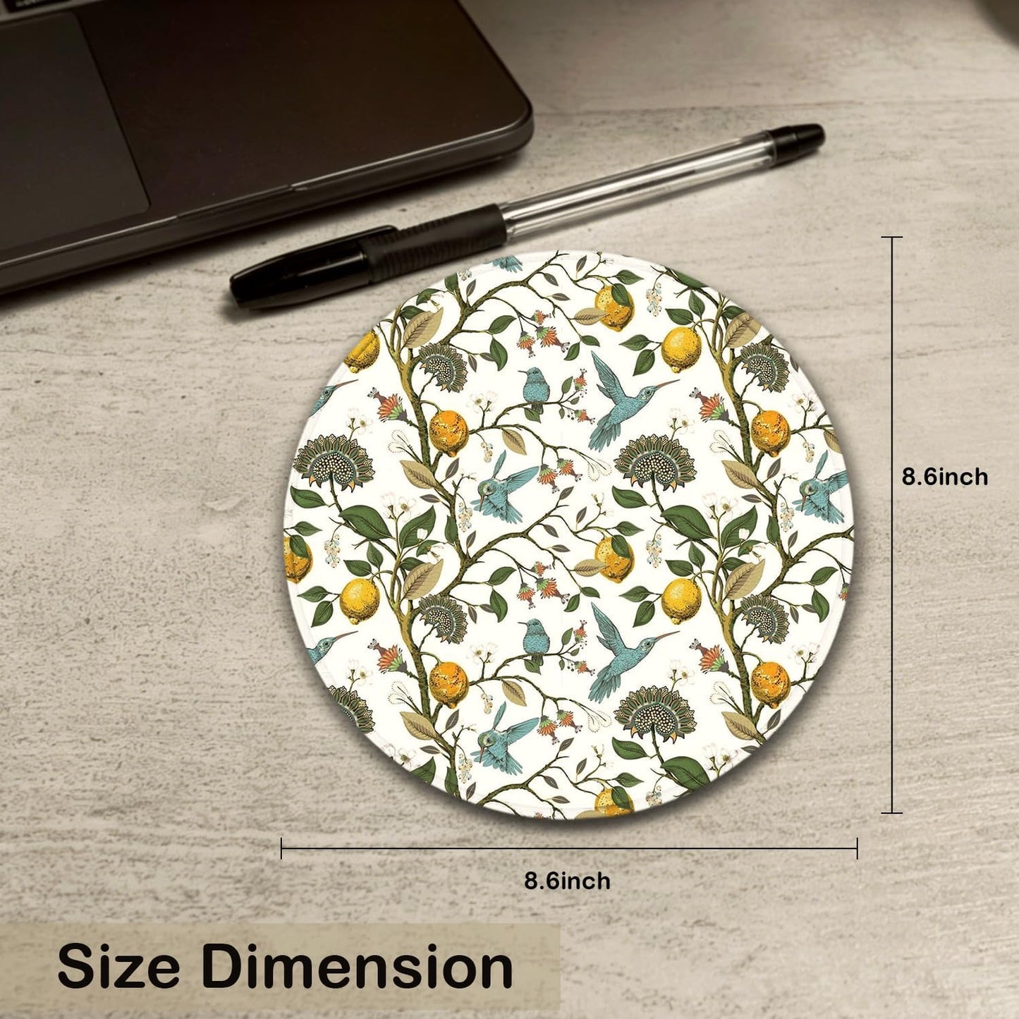 Botanical Lemon Tree Round Mouse Pad, Chinoiserie Bird Mouse Pads Desk Accessories for Computers Laptop Desk Home Office Dorm, Bird Lovers Gift for Women, 8.7x8.7 inches
