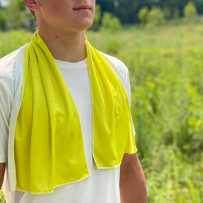 Extended Size Cooling Towel – Be Cool in Style - Heat Relief, Soft, Lightweight, Sun Protection, Easy Clean - Perfect for Biking, Hiking, Running, Yoga, Golf, Gardening - Safety Yellow M