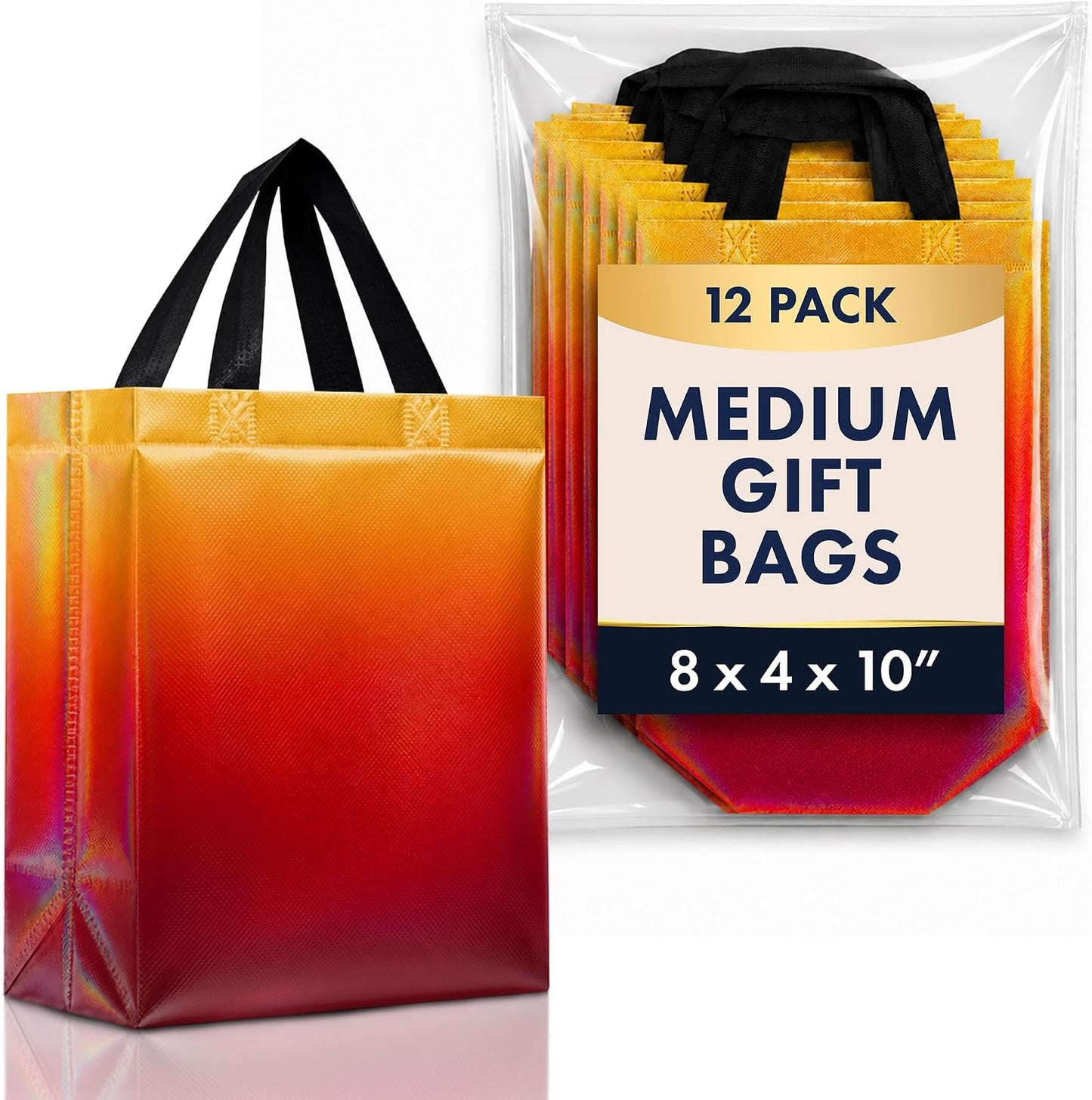 Medium Yellow to Red Rise Gift Bags, 8 x 4 x 10, Set of 12 | Reusable party favor bags with reinforced handles and sturdy cardboard bases. For medium gifts, events and special occasions.