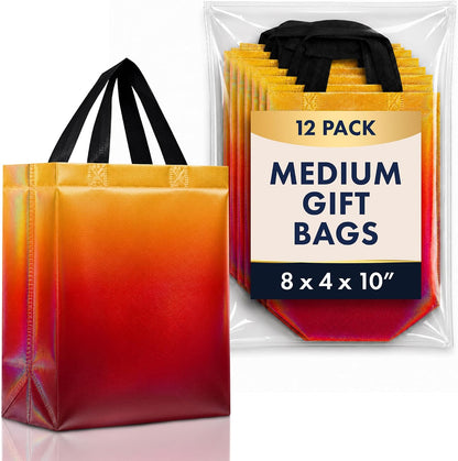 Medium Yellow to Red Rise Gift Bags, 8 x 4 x 10, Set of 12 | Reusable party favor bags with reinforced handles and sturdy cardboard bases. For medium gifts, events and special occasions.